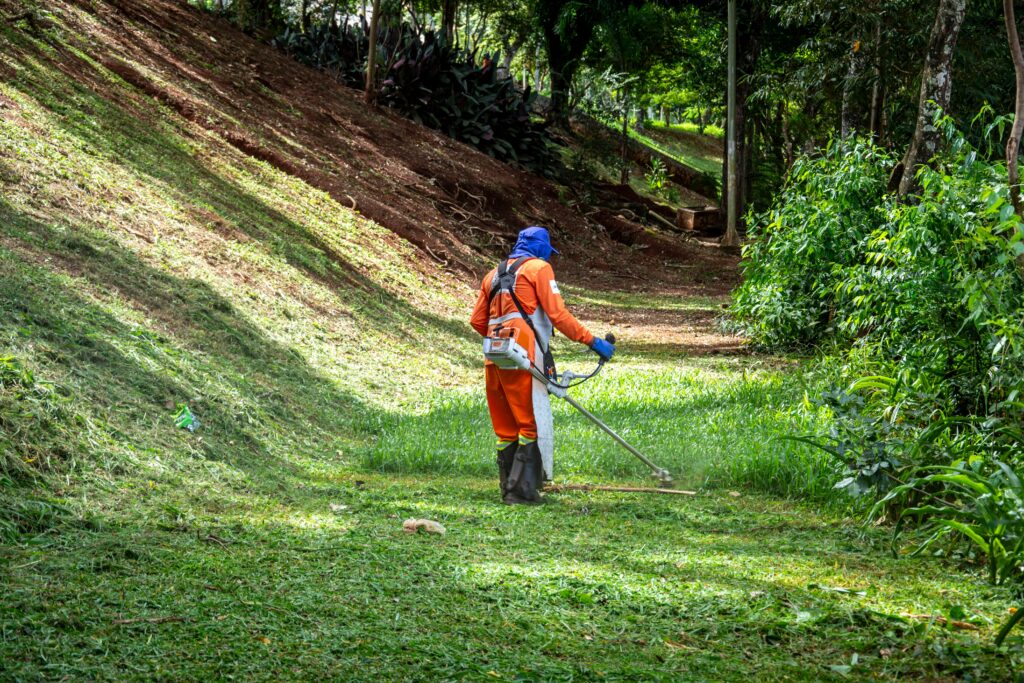 Gardener in protective gear mowing a lush lawn in a sunny Londrina, Brazil park.